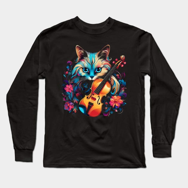 Siamese Cat Playing Violin Long Sleeve T-Shirt by JH Mart